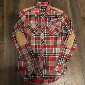 Red Ape Men’s Medium Plaid Button Down Flag Elbow Patches